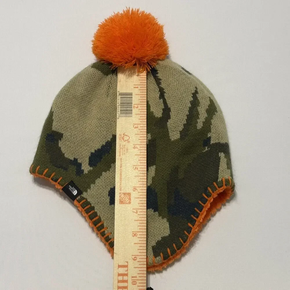 North Face Camo And Orange Fleece Cozy Pom Beanie Hat Baby EUC 4T